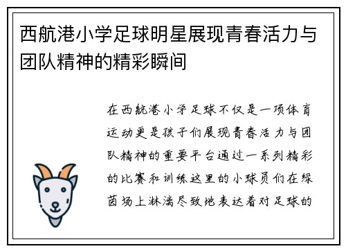 西航港小学足球明星展现青春活力与团队精神的精彩瞬间